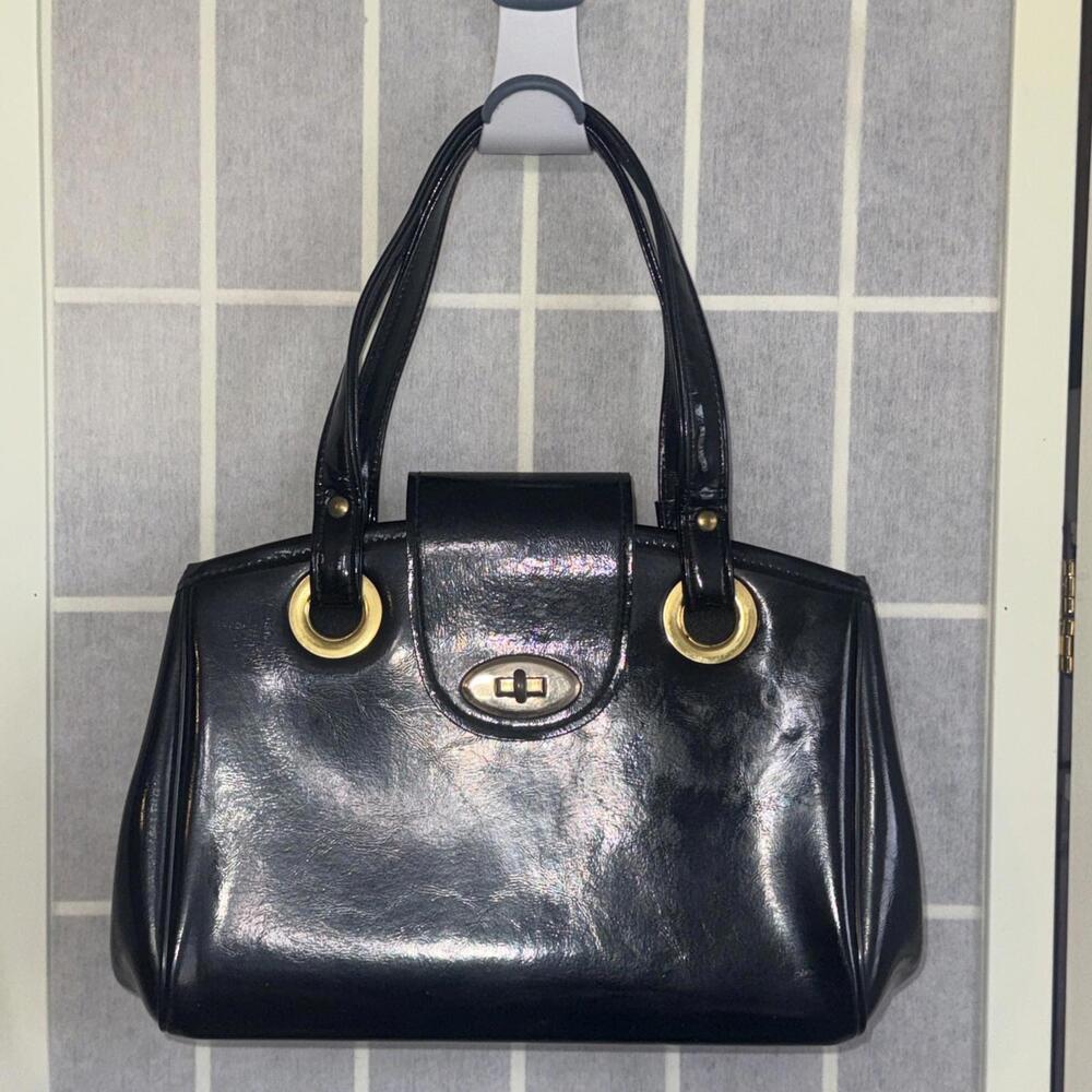 Vintage Black Patent Leather Old Money Minimalist Classic Top Handle‎ Bag Purse
